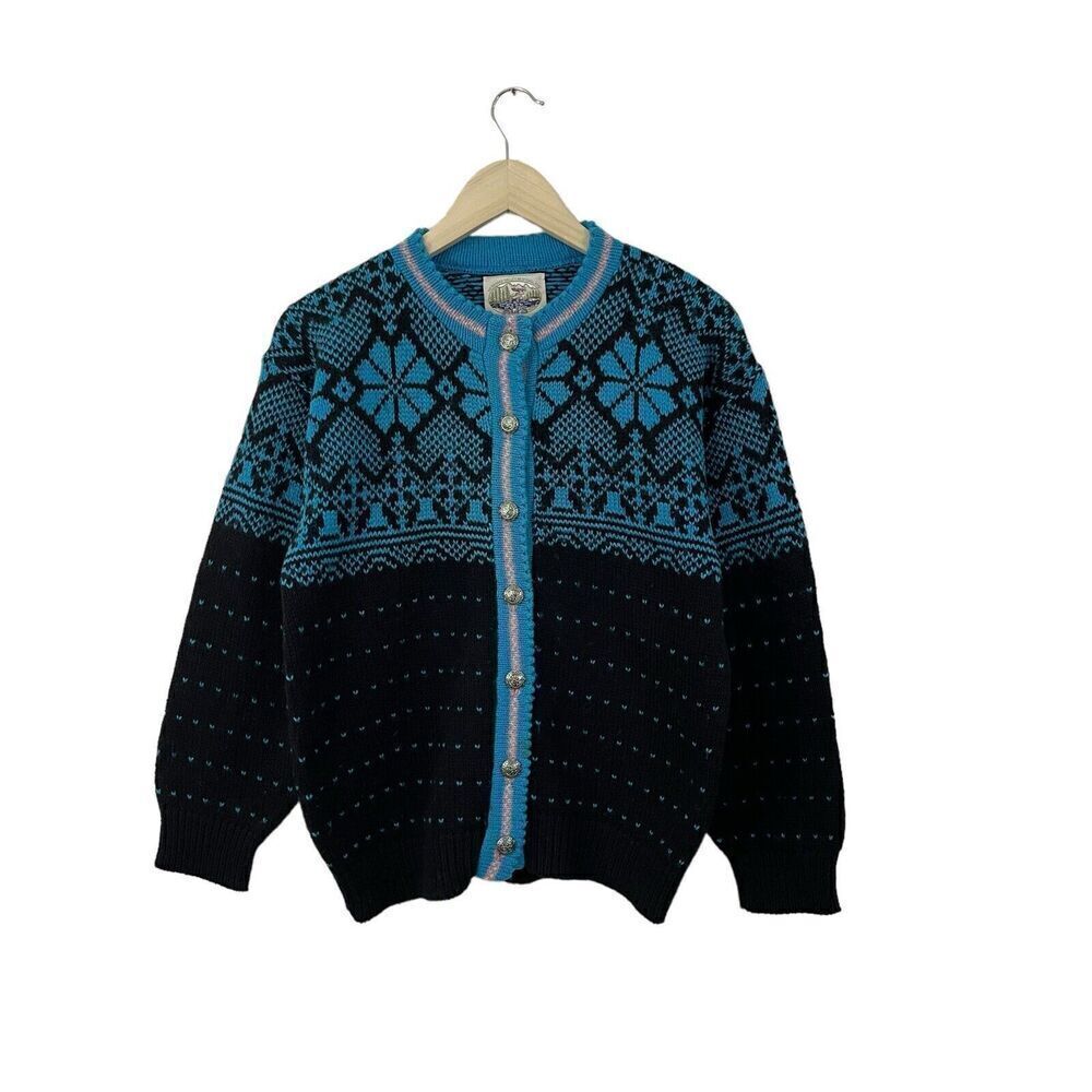 Vintage Alps New England USA Made Large Wool Sweater Cardigan Blue Black Womens
